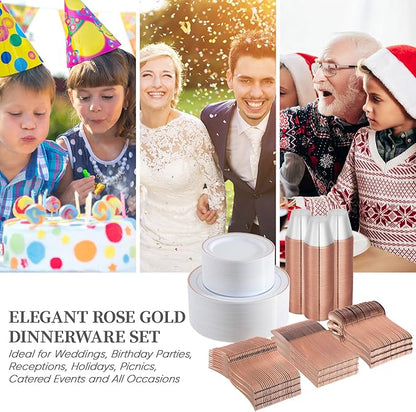 FOCUSLINE 600 Ct Rose Gold Dinnerware Set for 100 Guests - Rose Gold Rimmed Disposable Plastic Plates, Includes 100 Dinner & Salad Plates, Cups, Cutlery Set for Wedding Parties