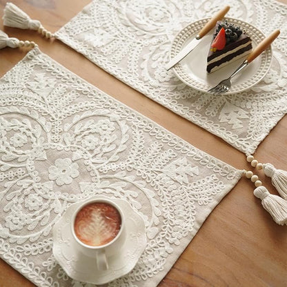 Embroidered Placemats Farmhouse Lace Doily, 8 Tassel Pendants, Layered Accent - Image 5