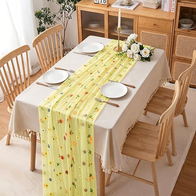 BINBE 12pcs Daisy Spring Table Runner Embroidery Gauze 10FT Florals Seasonal - Image 4