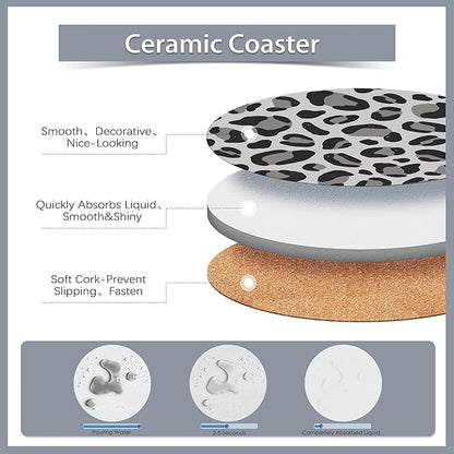 Drink Coasters Set of 6 with Holder,Leopard Print Brown Grey Gold Pink Absorbent Ceramic Coasters with Cork Base,Fit All Cups,Tabletop Protection Mat for Mugs and Cups,Office,Kitchen