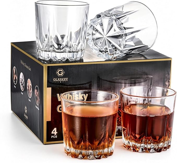 GLASKEY Whiskey Glasses Set of 4, Lead-Free Crystal Old Fashioned Glass by GLASKEY