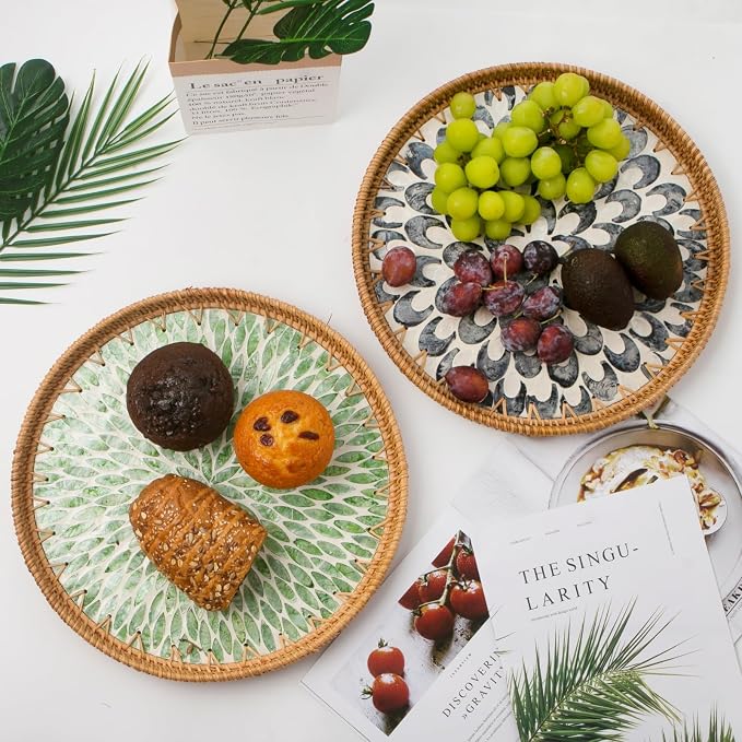Round Rattan Tray with Mother of Pearl Inlay, Wooden Base | Coffee Table - Image 2