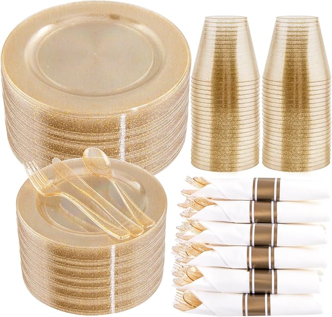 WELLIFE 210Pcs Gold Glitter Dinnerware Set, Include: 30Dinner Plates, 30Dessert by WELLIFE