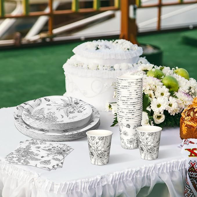 250 Pcs Black Disposable Plates and Napkins Floral Tableware Set - Image 5