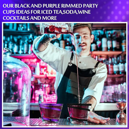 Gejoy 9 oz Rimmed Swirl Plastic Cups Disposable Wine Drinking Cups Clear Elegant Halloween Tumblers for Christmas Party Supplies(Purple, Black,100 Pcs)