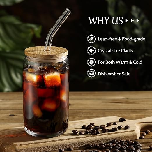 VITEVER Glass Cups with Bamboo Lids and Glass Straw - Image 4
