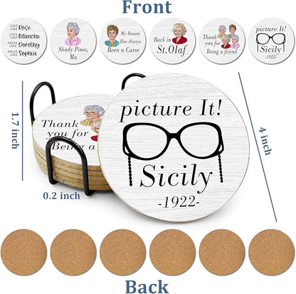 6 PCS Golden Girls Cork Coasters for Drinks,Golden Girls TV Show Merchandise,Funny Set with Coaster Holder,Golde Girl Kitchen Decor,Golde Girl TV Themed Coasters Gifts for Fans