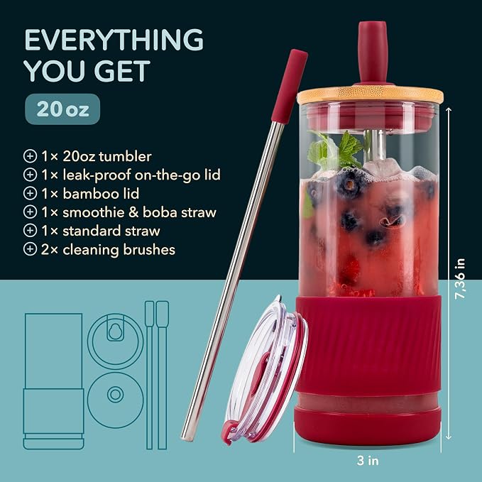 Pandaloo® Glass Cups With Lids and Straws -20 Fl Oz- Perfect Size Iced Coffee - Image 2