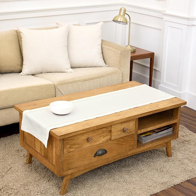 Solino Home 100% Pure Linen Dining Table Runner Ivory Hemstitch, 14 x 60 in | by SolinoHome