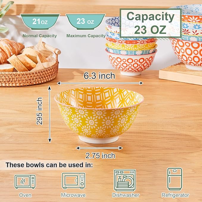 AntoKueh 23 OZ Colorful Large Ceramic Bowl Set of 6, 6 inch Deep Porcelain - Image 2