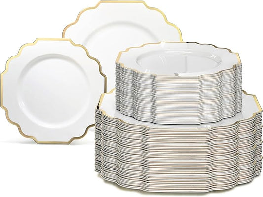 " OCCASIONS " 120 Plates Pack,(60 Guests) Heavyweight Wedding Party Disposable Plastic Plates Set -60 x 10.5'' Dinner + 60 x 8'' Salad/Dessert Plate (Imperial White & Gold)