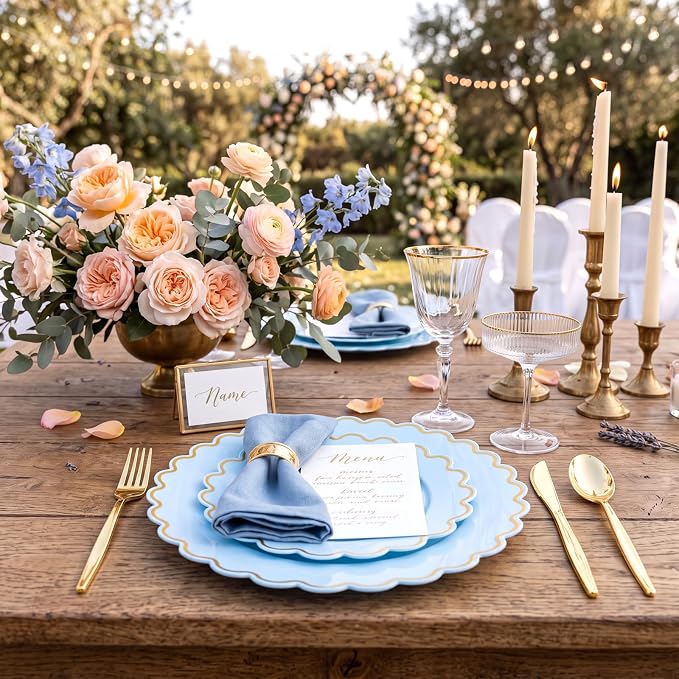 LIYH 100 Pcs Baby Blue Plastic Plates, Wide Gold Scalloped Edge - Image 4