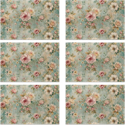 Pink Flowers Leaves Placemats Set of 6, Linen Washable for Christmas, Thanksgiving, Party, and Daily Dining, Decorative Table Mats for 4-6 Person Table