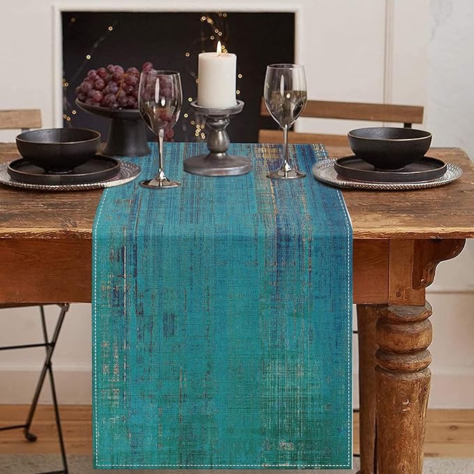 Emvency Table Runner, 13x72 Inch, Teal and Gold | Abstract Farmhouse Vintage by Emvency