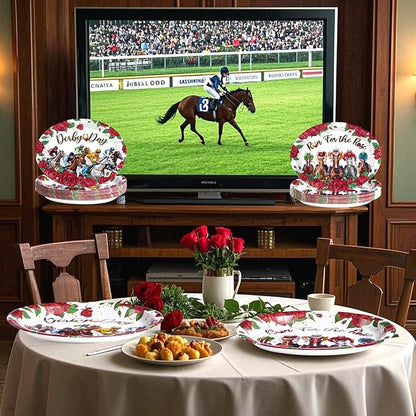 Grencian 50PCS Derby Oval Paper Plates 10" X 12" Disposable Heavy Duty Derby Horse Racing Plates Run for The Roses Dinnerware for Horse Race Day Boys Girl Birthday Party Decorations