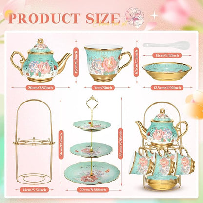 21 Pcs Ceramic Teapot Set Vintage Porcelain Tea Cups - Image 2