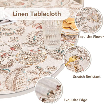 MYSKY HOME Linen Floral Tablecloth Rectangle 60x84 Inch Rustic Tablecloth Spring Summer Waterproof Fabric Table Cover Farmhouse Decoration Oblong for Kitchen, Dining and Outdoor Picnic, Brown