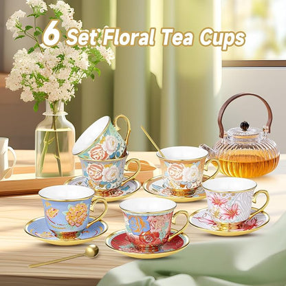 Tea Cups and Saucers Sets of 6, 8 Oz Floral Tea Cups - Image 2