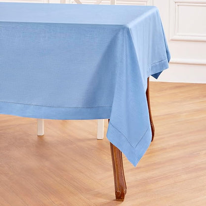 Solino Home Cornflower Blue Linen Tablecloth 60 x 90 Inch - 100% Pure Linen Hemstitch Table Cloth for Rectangle Tables - Classic Hemstitch, Machine Washable Tablecloth for Spring, Easter