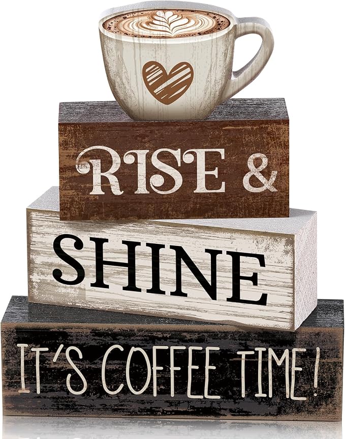 Moucuny 4 Pcs Farmhouse Coffee Bar Sign Decor Wooden Cup Rise & Shine It's by Moucuny