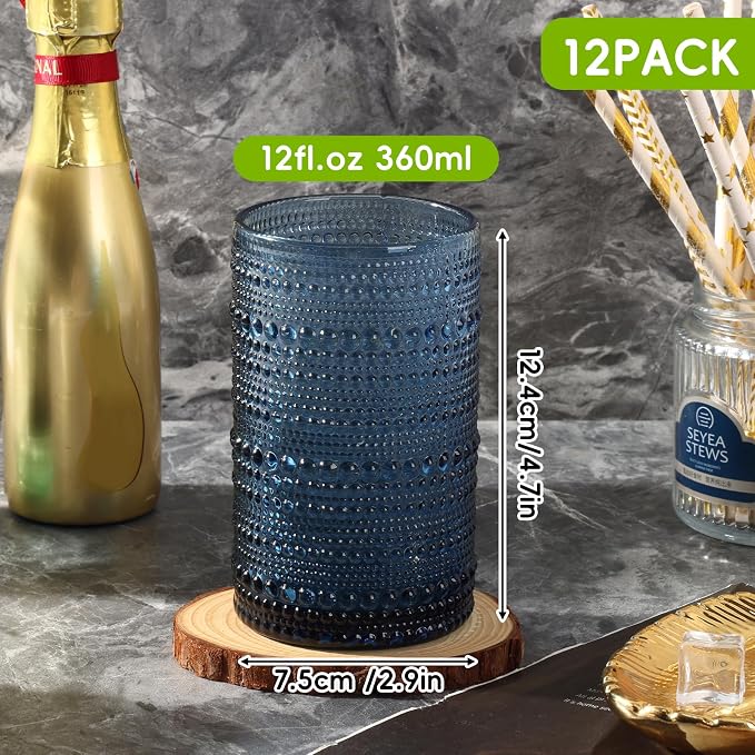 Moretoes12 Pack 12 Oz Blue Hobnail Drinking Glasses Set, Water Glass Cups | - Image 3