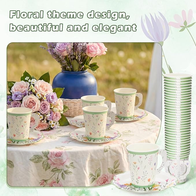 FillTouch 48 Sets Wildflower Floral Paper Tea Cups and Saucers Disposable Paper - Image 4