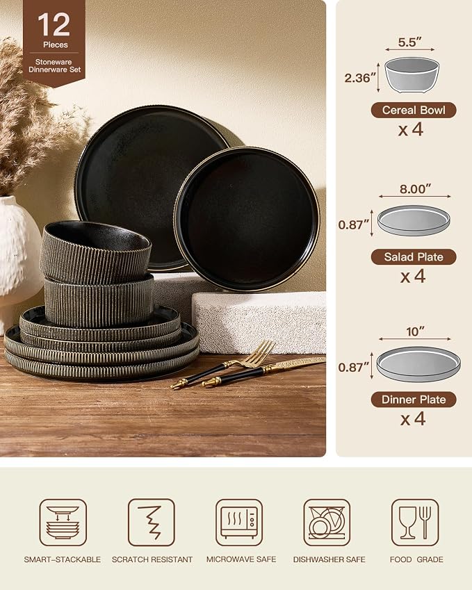 Stoneware Dinnerware Set for 4, Reactive Glaze, Handmade Ribbed Dishes - Image 6