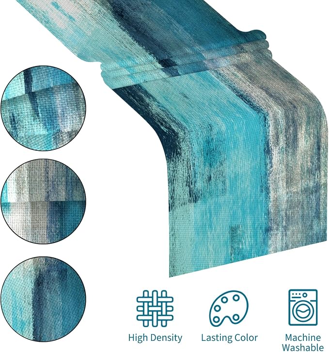 Teal Grey Table Runners Modern Art Farmhouse Linen Table Runners Dresser - Image 4