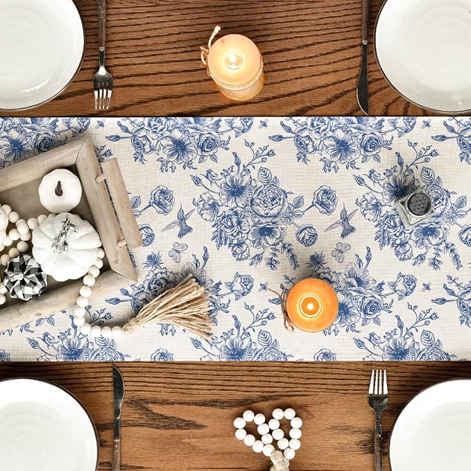 Artoid Mode Spring Beige Blue Floral Chinoiserie Table Runner, Seasonal Summer - Image 4