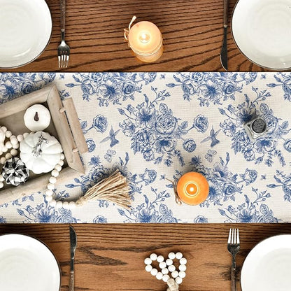 Artoid Mode Spring Beige Blue Floral Chinoiserie Table Runner, Seasonal Summer - Image 4