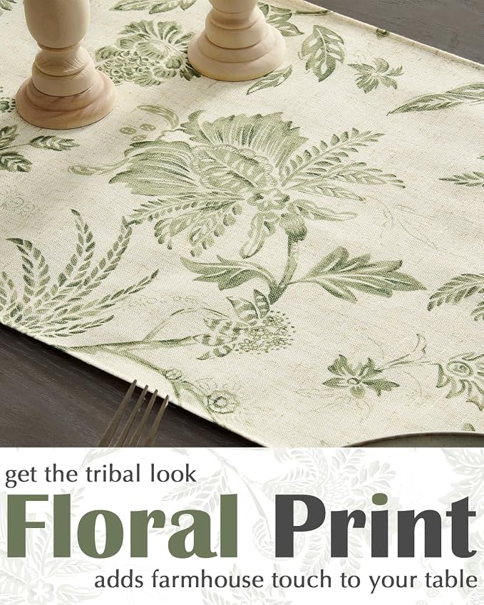 jinchan Sage Green Floral Linen Table Runner 13 x 72 Inch Farmhouse | Relaxed - Image 3