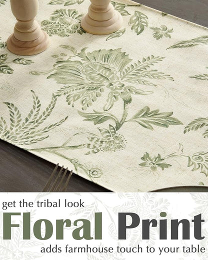 jinchan Sage Green Floral Linen Table Runner 13 x 72 Inch Farmhouse | Relaxed - Image 3