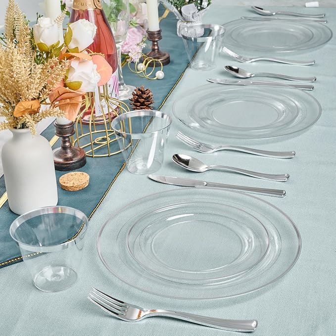 FOCUSLINE 100 Clear Silver Plastic Plates 10 Inch, Disposable Clear Plates - Image 7