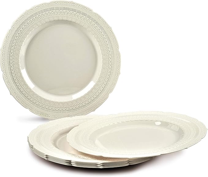" OCCASIONS " 200pcs set (25 Guests)-Extra Heavyweight Vintage Wedding Disposable/Reusable Plastic Plates 25 x 11'' + 25 x 8.25''+Silverware+Cups+Napkins (Chateau Collection Ivory)