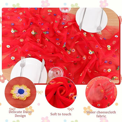 BINBE 3pcs Daisy Spring Table Runner Embroidery Gauze 10FT Florals Seasonal - Image 6