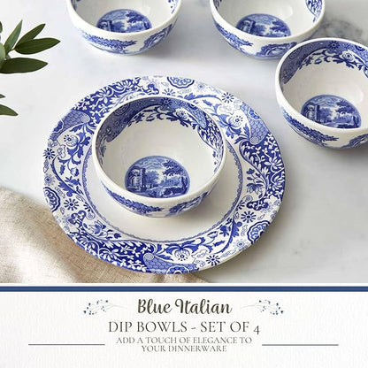 Spode Blue Italian Dip Bowl Set of 4-4-Inch Porcelain Bowls with Oriental Design, Dishwasher & Microwave Safe Tableware for Dip, Side, Appetizers, Dessert - Blue & White Dinnerware