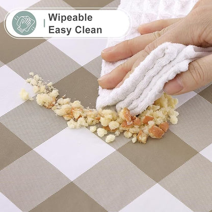 misaya Oval Waterproof Vinyl Table Cloth, Buffalo Flannel Backed Tablecloth, Wipeable Plastic Table Cover for Fall, Thanksgiving (60" x 84", Khaki and White)