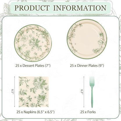 100 Pcs Disposable Sage Green Floral Tableware Set - Image 7