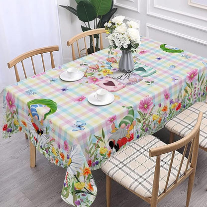 Spring Tablecloth, Rectangle 60 x 120 with Gnome Flowers, Oblong Tablecloth Buffalo Check Plaid Kitchen Table Cover for Dining Room Indoor Decor