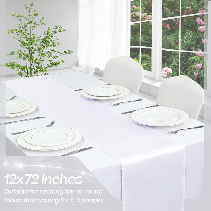 VACVELT White Satin Table Runners, 12x72 Inch, 2 Pack, Scalloped Edge | Silky - Image 3