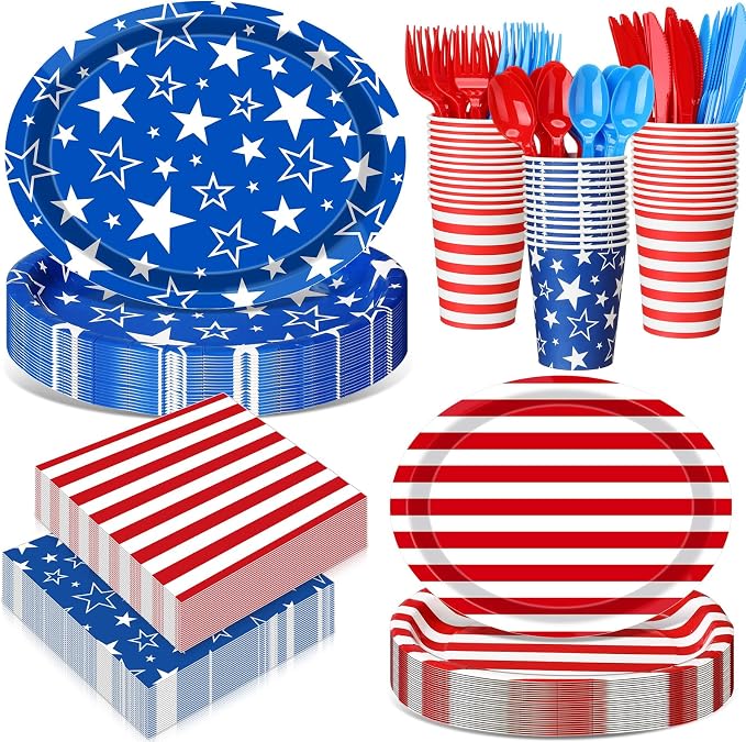350 Pcs 4th of July Party Decorations 12 inch Disposable Patriotic Oval Plates by Pajean