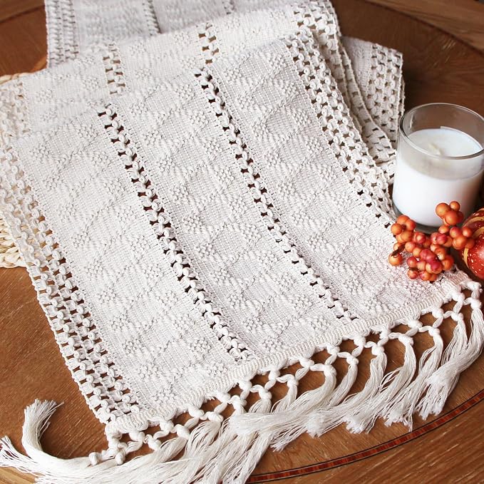 Boho Table Runner with Tassels White by FEXIA