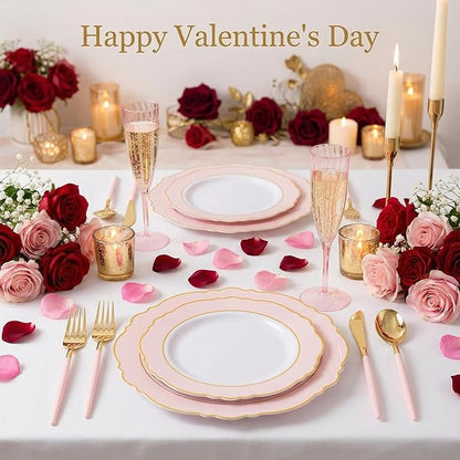 WDF 30Guest Pink Plates Disposable - Hign-end Baroque Design - Gold Plastic Silverware with Handle-Baroque Pink &Gold Plastic Dinnerware for Valentine's Day/Wedding