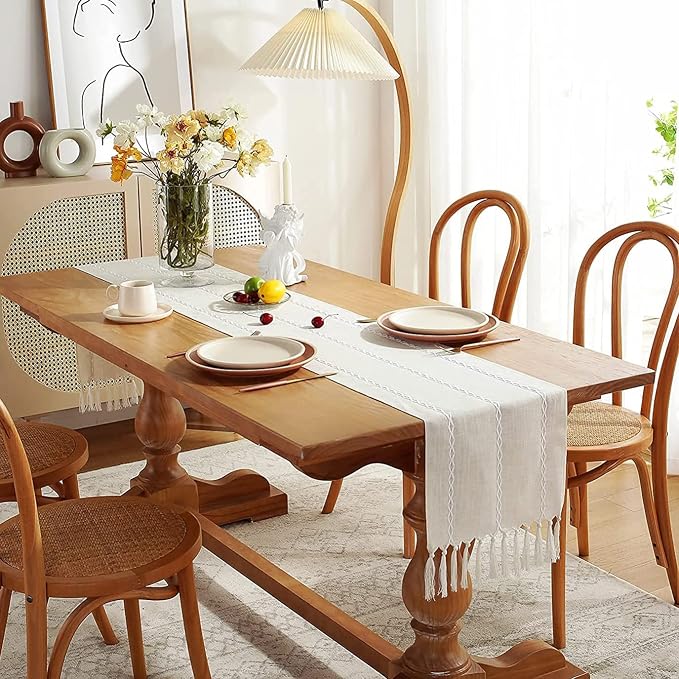 Wracra Rustic Linen Table Runner, Ivory Table Runners 90 inches Long | Raised - Image 7