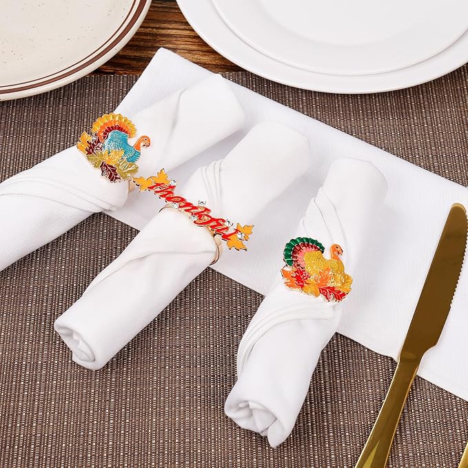 Thanksgiving Turkey Napkin Rings Set of 8, Fall Napkin Rings Metal Napkin - Image 6