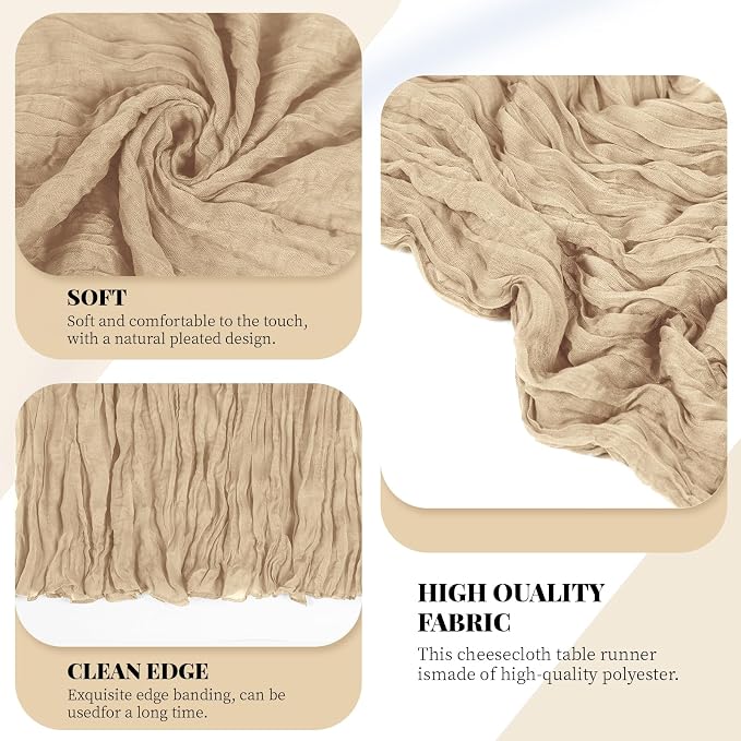 3 Pack Beige Cheesecloth Table Runner, 17 x 108 Inch, Gauze Cheese Cloth Table - Image 4