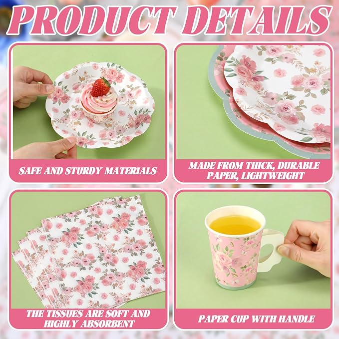 Pickmesh 252 Pcs Pink Floral Tea Party Supplies - Image 3