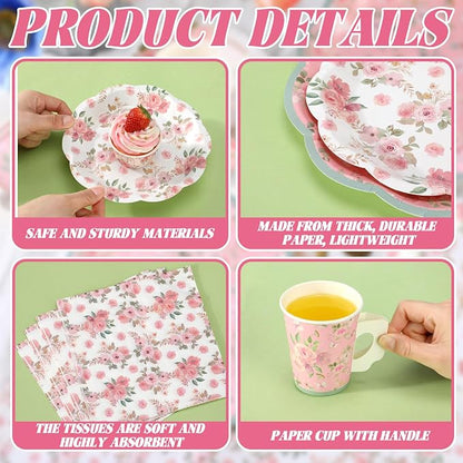 Pickmesh 252 Pcs Pink Floral Tea Party Supplies - Image 3