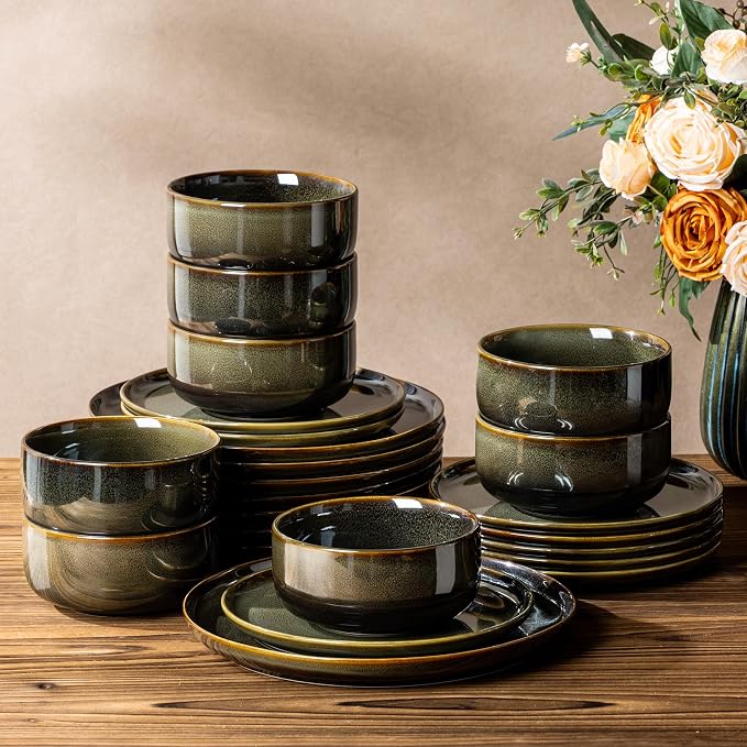 Ceramic Dinnerware Set for 8, 24-Piece Plates and Bowls Set | Handmade Reactive by TheTerra