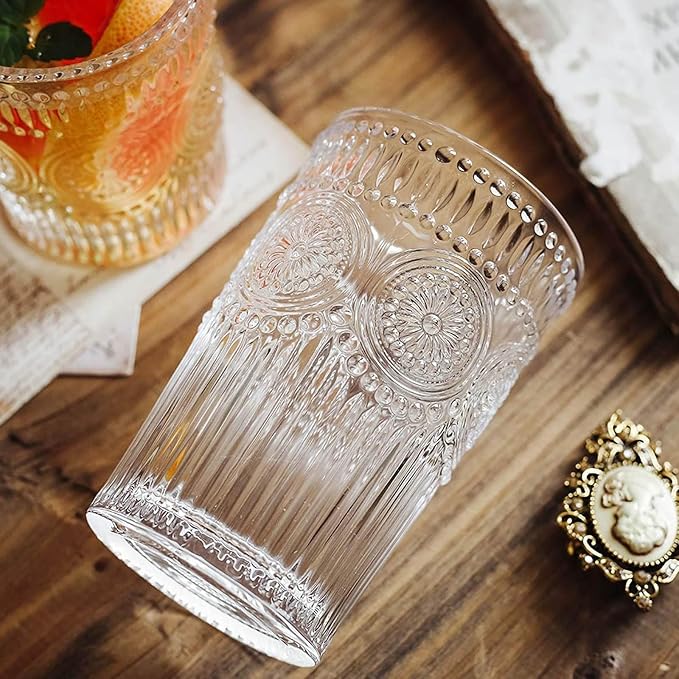 Ribbed Glass Cups 12oz Drinking Glasses Set of 2 Ribbed Glassware, Cocktail - Image 3